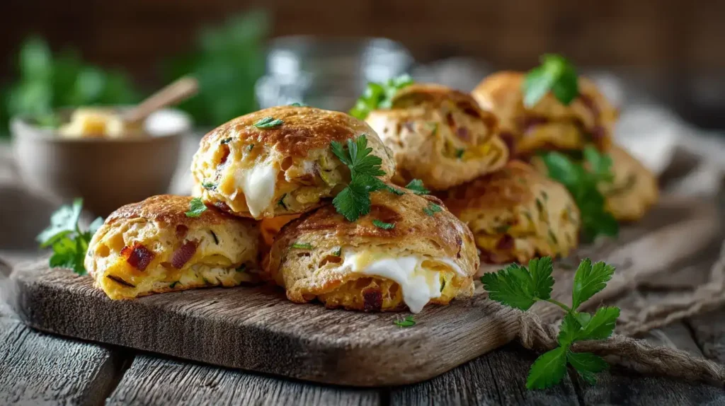 Herzhafte Zucchini-Scones mit Käse und knusprigem Speck auf Teller serviert