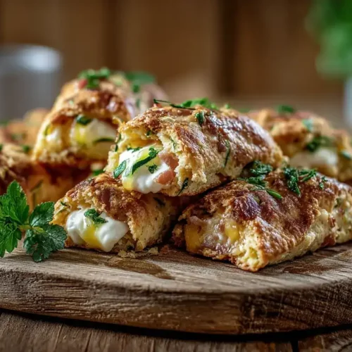 Frisch gebackene Zucchini-Scones mit Käse und Speck auf Backblech mit geschmolzenem Käse