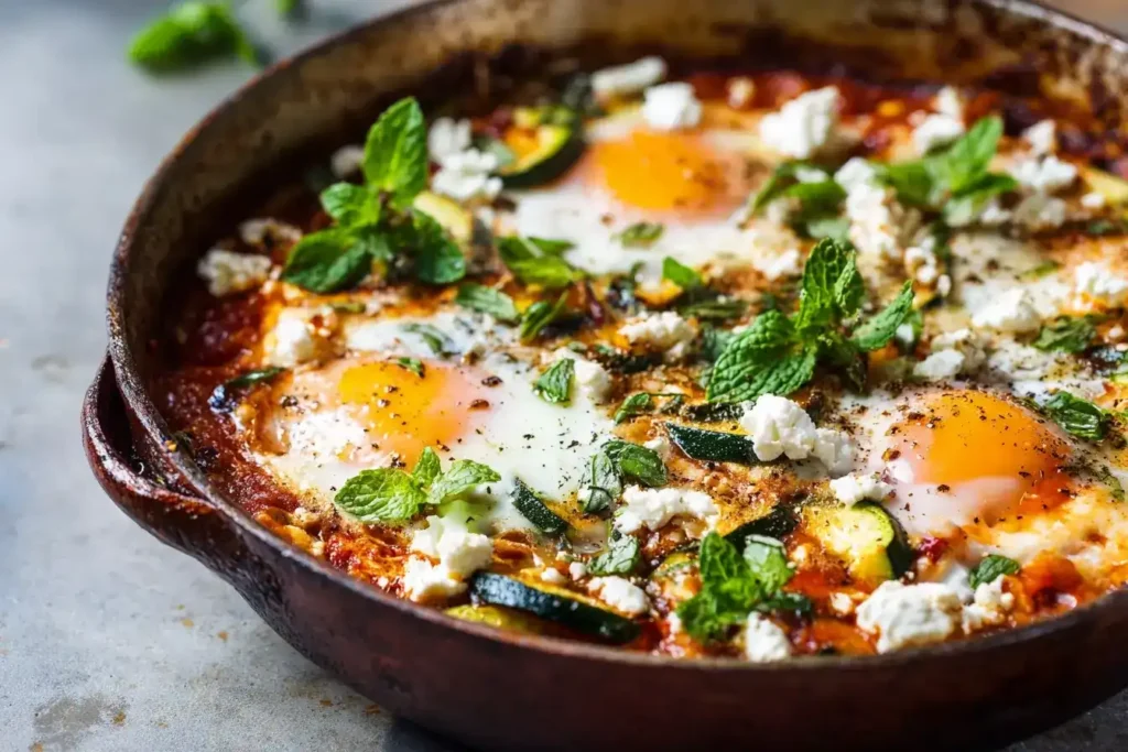 Frische Zucchini-Shakshuka mit pochierten Eiern, Feta und Kräutern in einer Pfanne