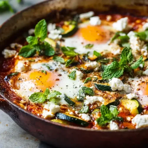 Frische Zucchini-Shakshuka mit pochierten Eiern, Feta und Kräutern in einer Pfanne