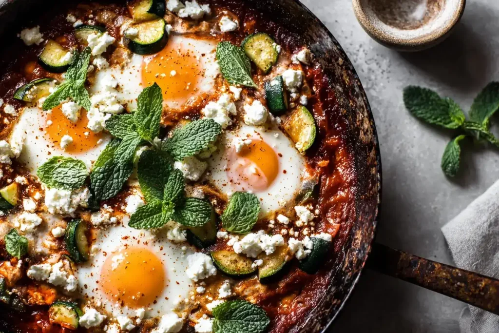 Servierte Zucchini-Shakshuka mit knusprigem Brot und frischer Petersilie auf einem Holztisch