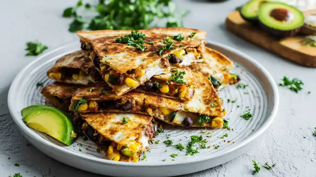 Zucchini-Tortillas mit Ei, Avocado und Käse auf Holzbrett