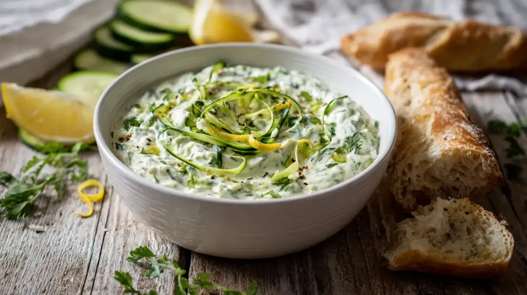 Zucchini-Tzatziki in weißer Schüssel mit Zitronenzeste und frischen Kräutern