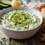 Zucchini-Tzatziki in weißer Schüssel mit Zitronenzeste und frischen Kräutern