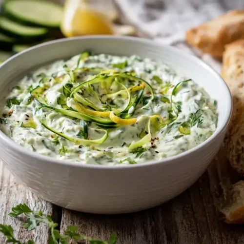 Zucchini-Tzatziki in weißer Schüssel mit Zitronenzeste und frischen Kräutern