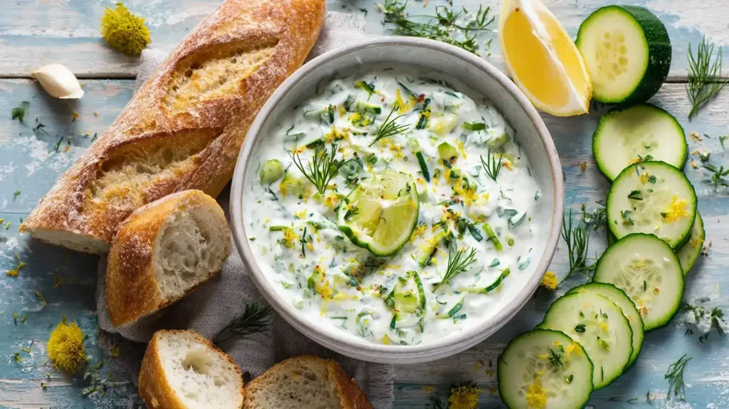 Cremiger Zucchini-Tzatziki Dip serviert mit Baguette und Rohkost