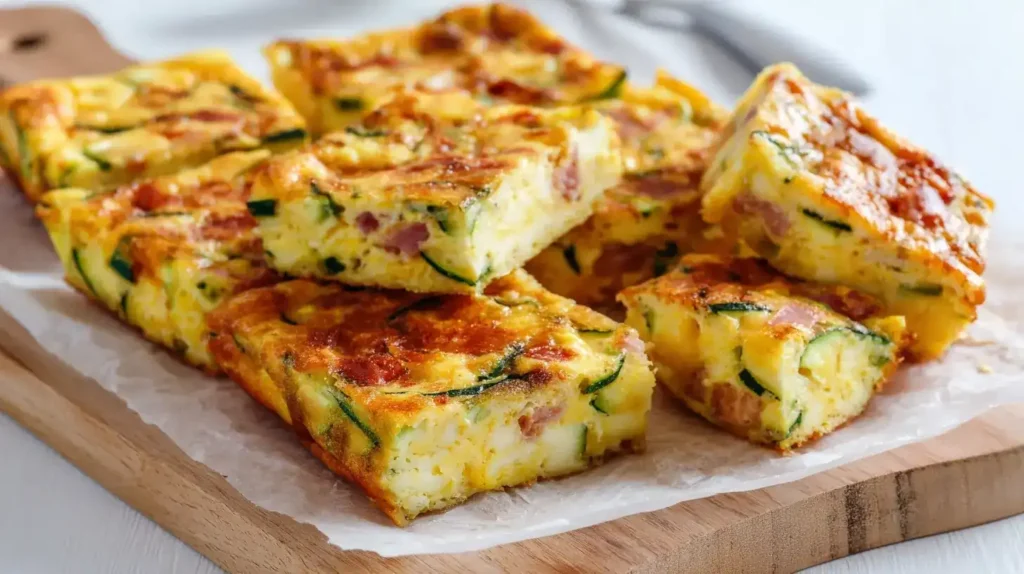 Zucchinischnitten mit Ei und Bacon frisch gebacken in Auflaufform