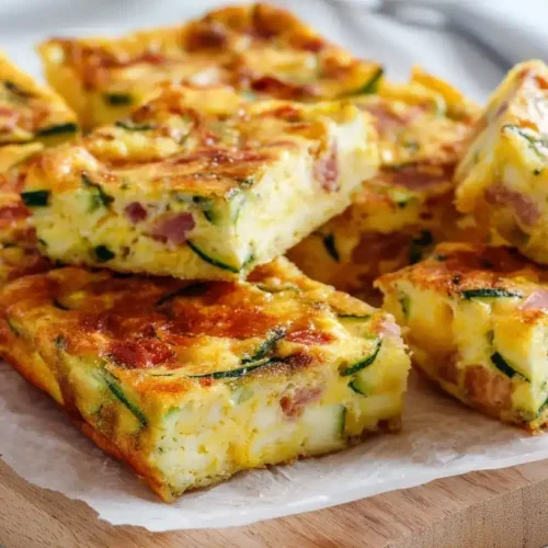 Zucchinischnitten mit Ei und Bacon frisch gebacken in Auflaufform