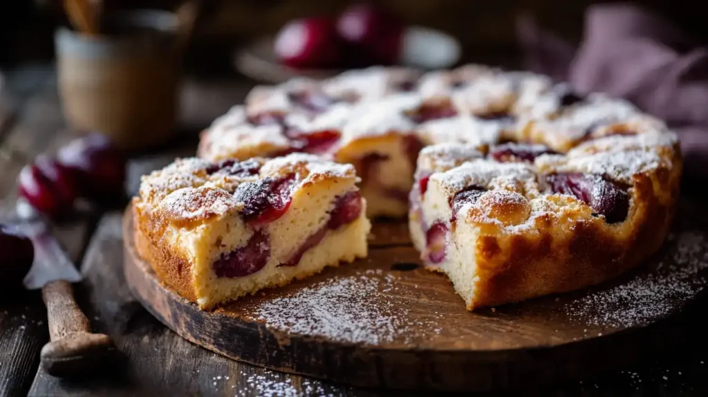Geschnittener Zwetschgen-Joghurt-Kuchen mit saftigen Zwetschgenstücken