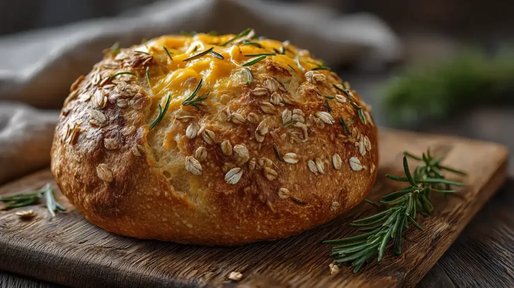 Saftiges Airfryer-Brot aufgeschnitten, Käse geschmolzen, Rosmarin sichtbar