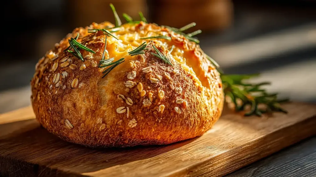 Frisch gebackenes Airfryer-Brot mit Käse und Rosmarin auf Holzbrett