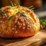 Frisch gebackenes Airfryer-Brot mit Käse und Rosmarin auf Holzbrett