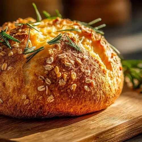 Frisch gebackenes Airfryer-Brot mit Käse und Rosmarin auf Holzbrett