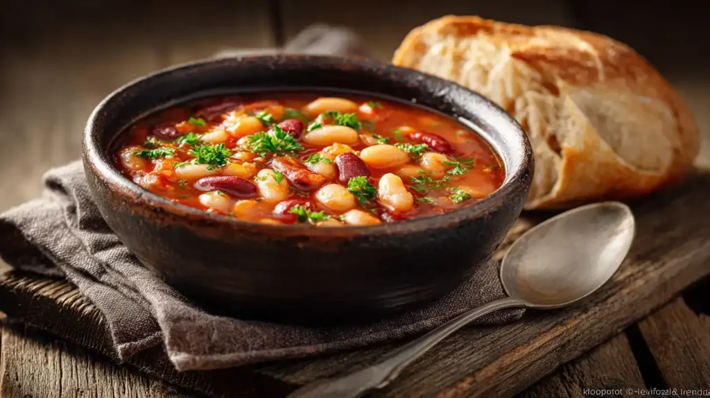 Traditionelle albanische Bohnensuppe Jani me Fasule in Schüssel mit Petersilie