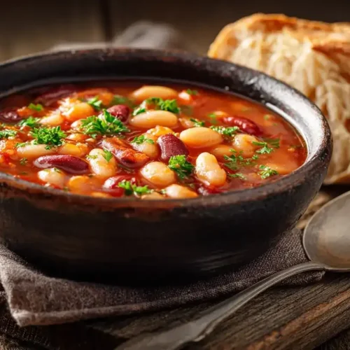 Traditionelle albanische Bohnensuppe Jani me Fasule in Schüssel mit Petersilie