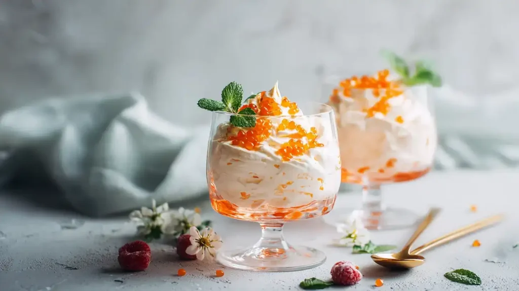 Aperol-Creme im Glas, luftige weiße Schokoladencreme mit Orangenzeste