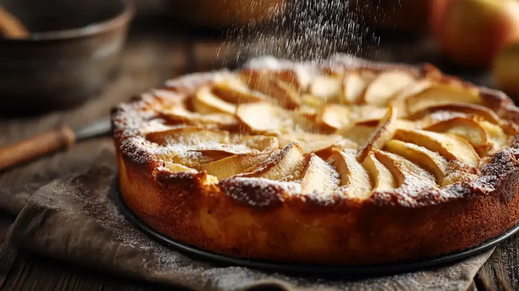Saftiger Apfel-Grießkuchen mit fächerförmigen Apfelscheiben, frisch gebacken auf einem Holzbrett