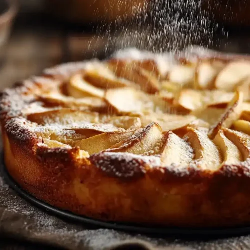 Saftiger Apfel-Grießkuchen mit fächerförmigen Apfelscheiben, frisch gebacken auf einem Holzbrett