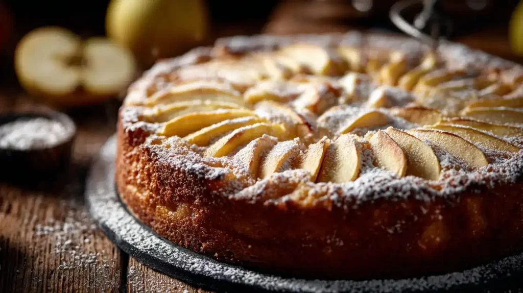 Ein Stück Apfel-Grießkuchen auf weißem Teller serviert, mit Puderzucker bestreut, gemütliche Nachmittagsstimmung