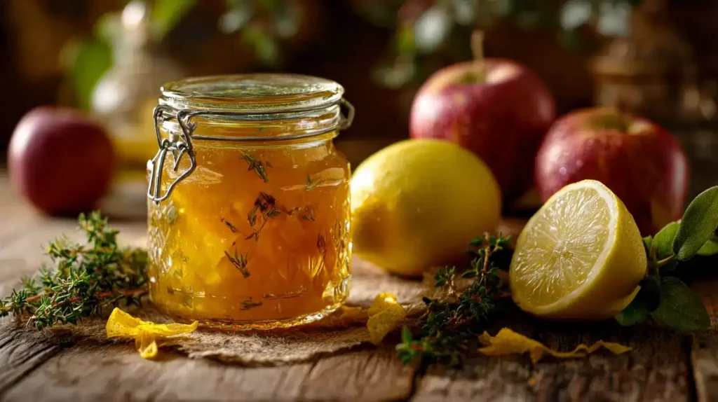 Apfel-Thymian-Marmelade serviert auf Brot beim Frühstück