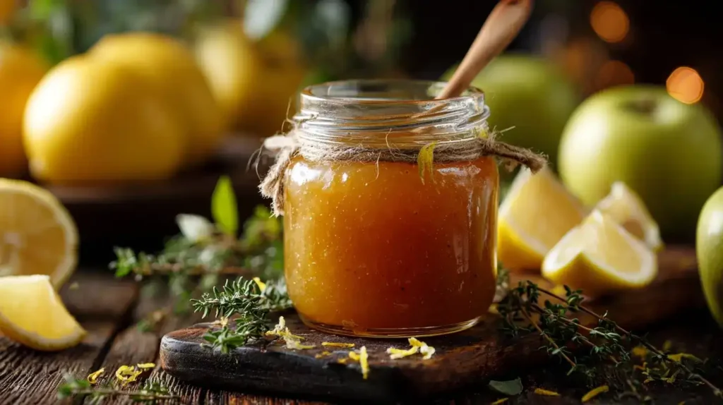 Frisches Glas Apfel-Thymian-Marmelade mit Äpfeln und Thymian