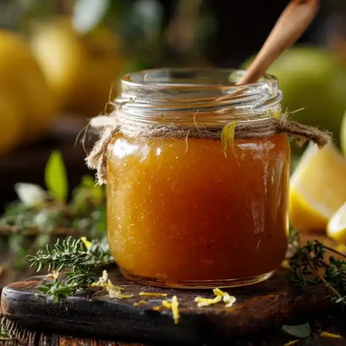 Frisches Glas Apfel-Thymian-Marmelade mit Äpfeln und Thymian
