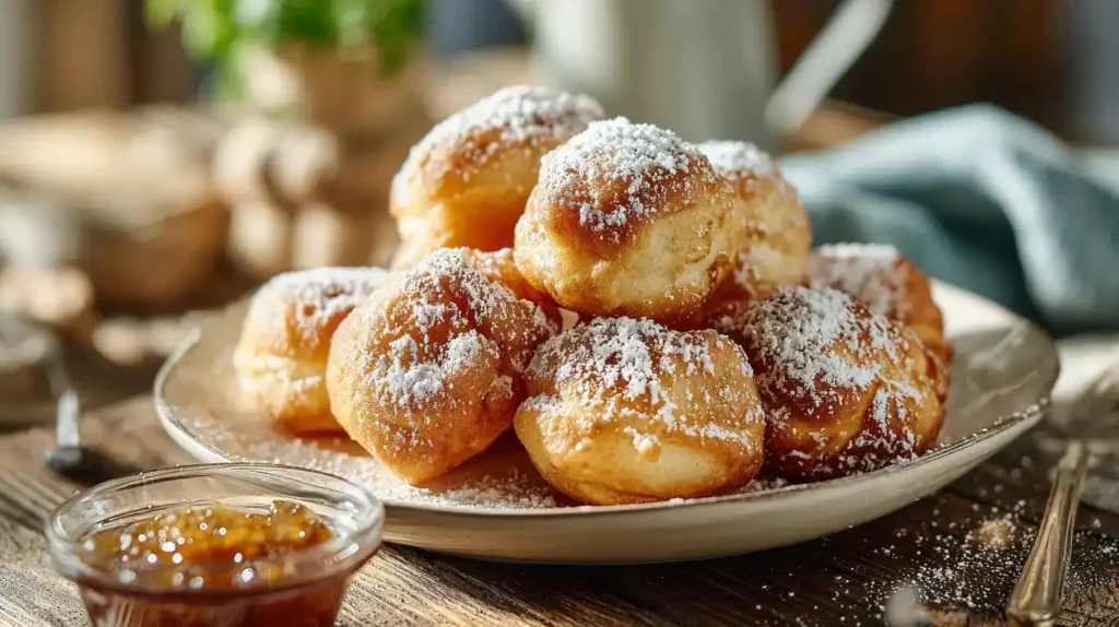 Goldbraune Apfelkrapfen aus dem Airfryer serviert mit Apfelmus
