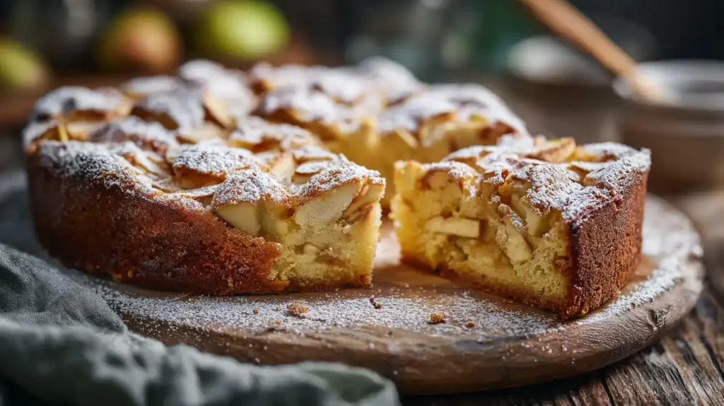 Frisch gebackener Apfelkuchen aus der Kastenform auf Holzbrett, saftig und goldbraun
