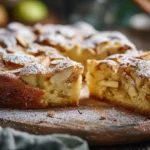 Frisch gebackener Apfelkuchen aus der Kastenform auf Holzbrett, saftig und goldbraun
