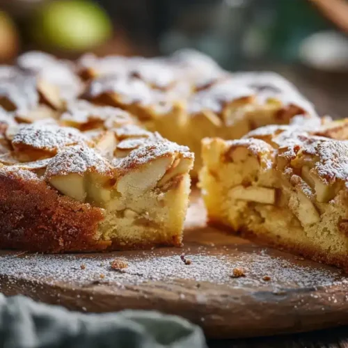 Frisch gebackener Apfelkuchen aus der Kastenform auf Holzbrett, saftig und goldbraun