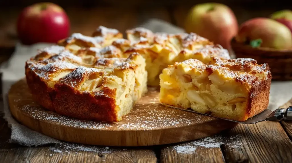 Apfelkuchen aus der Kastenform in Scheiben geschnitten, servierfertig auf Teller
