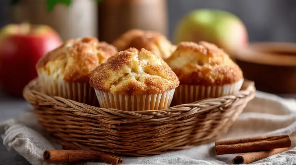 Servierte Apfelmuffins aus der Heißluftfritteuse mit Zimtzucker bestreut, auf Teller