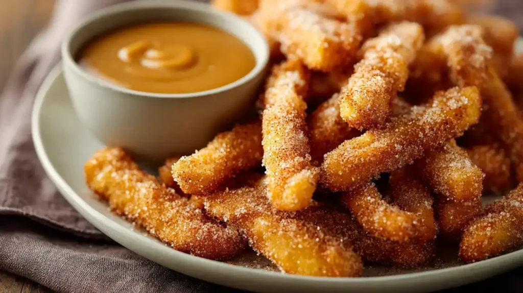 Nahaufnahme von Apfelpommes, Zimt-Zucker-Mischung und Karamellsoße
