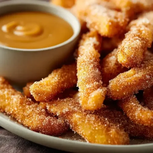 Nahaufnahme von Apfelpommes, Zimt-Zucker-Mischung und Karamellsoße