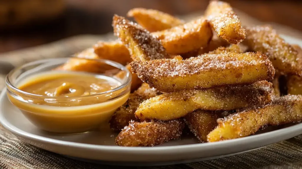 Knusprige Apfelpommes auf Teller mit cremiger Karamellsoße