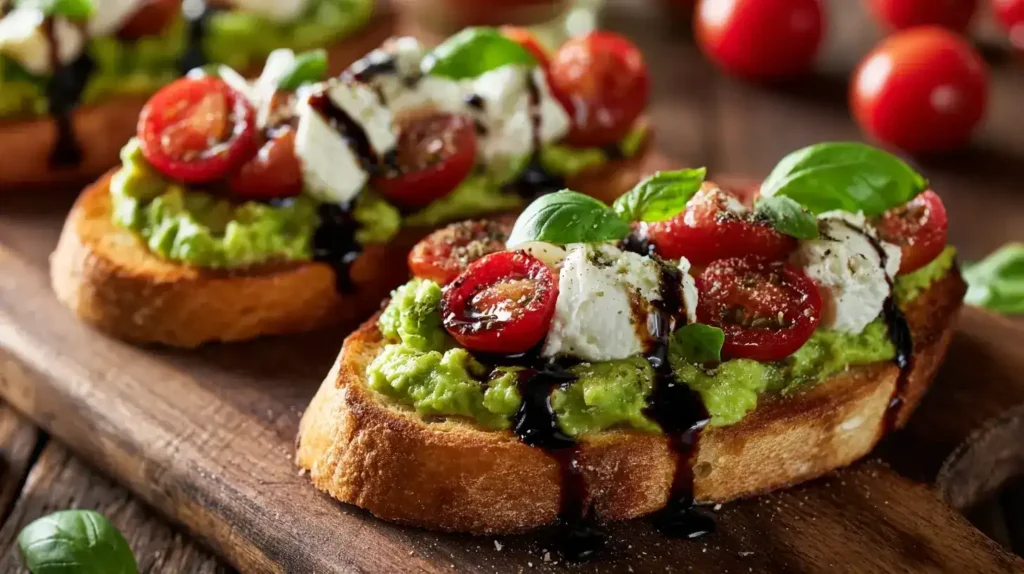 Nahaufnahme von Avocado-Burrata-Bruschetta mit Tomaten und Basilikum