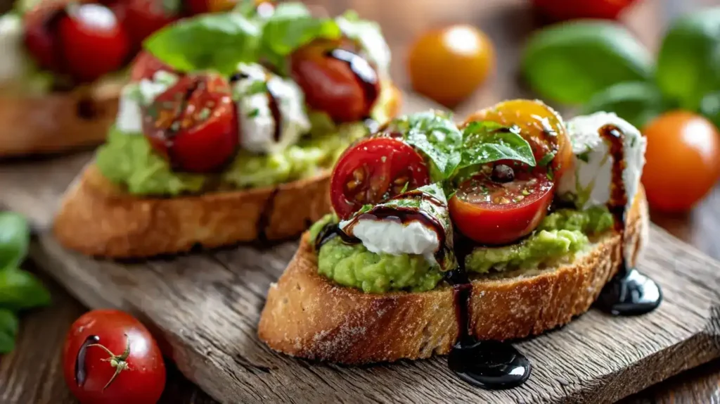 Servierte Avocado-Burrata-Bruschetta auf rustikalem Holztisch mit Balsamico-Creme