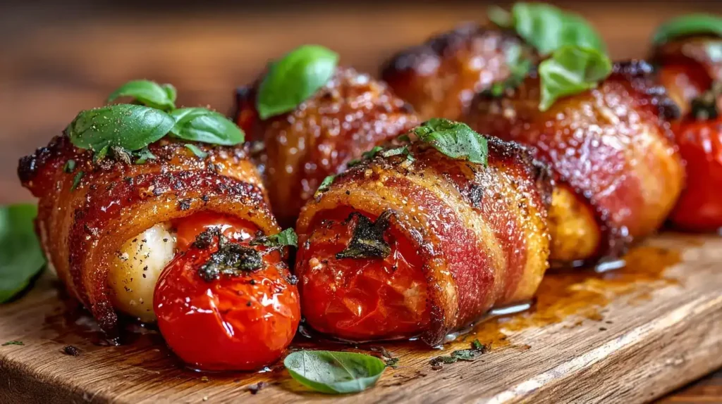 Knusprige Bacon-Mozzarella-Bomben frisch gebacken auf Backblech