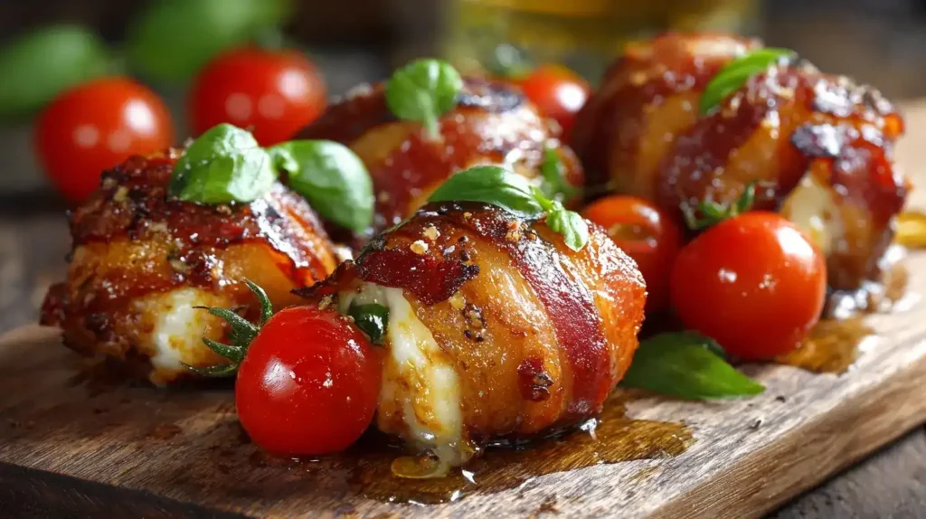 Anschnitt einer Bacon-Mozzarella-Bombe mit geschmolzenem Käse, Tomaten und Basilikum