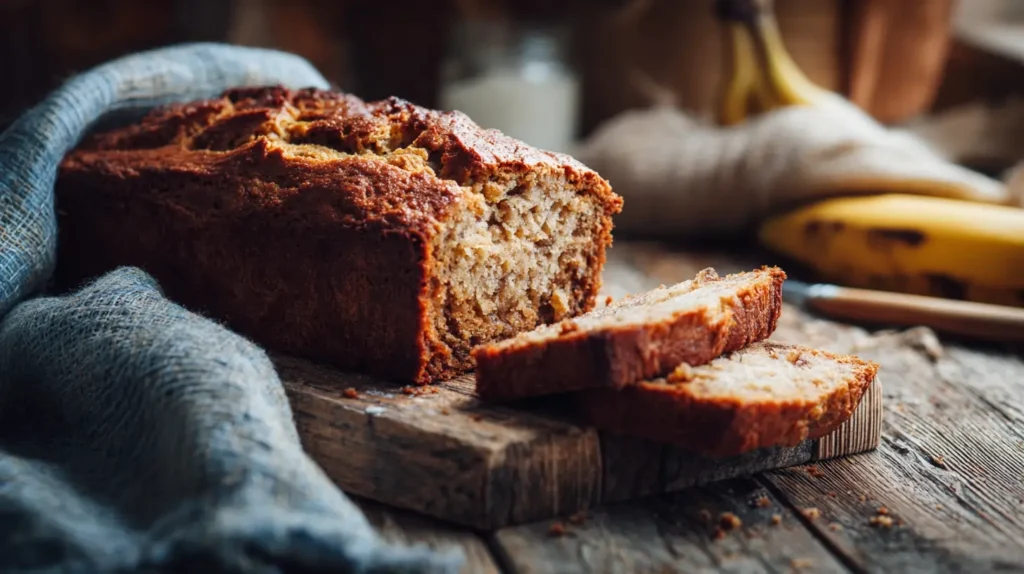 Bananenbrot ohne Ei, frisch gebacken und aufgeschnitten auf einem Holzbrett