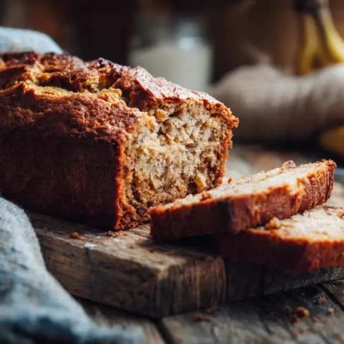 Bananenbrot ohne Ei, frisch gebacken und aufgeschnitten auf einem Holzbrett