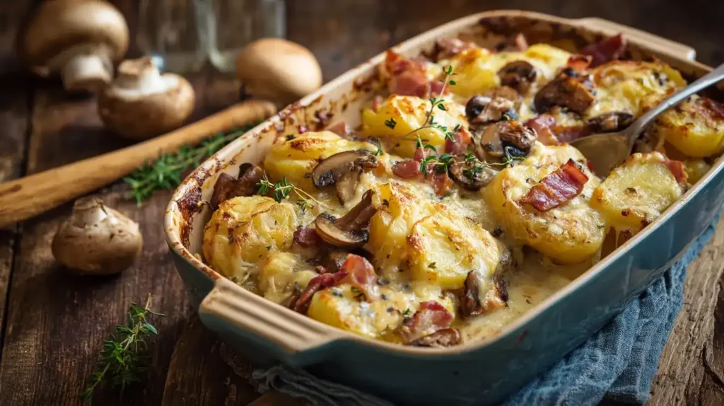 Bauernauflauf mit Kartoffeln, Speck und Käse goldbraun überbacken