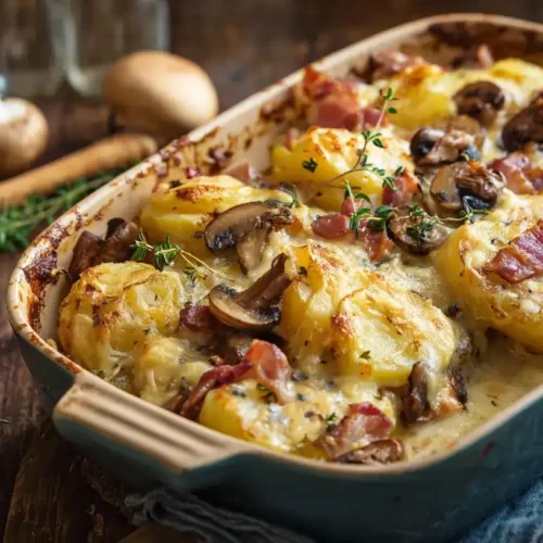 Bauernauflauf mit Kartoffeln, Speck und Käse goldbraun überbacken