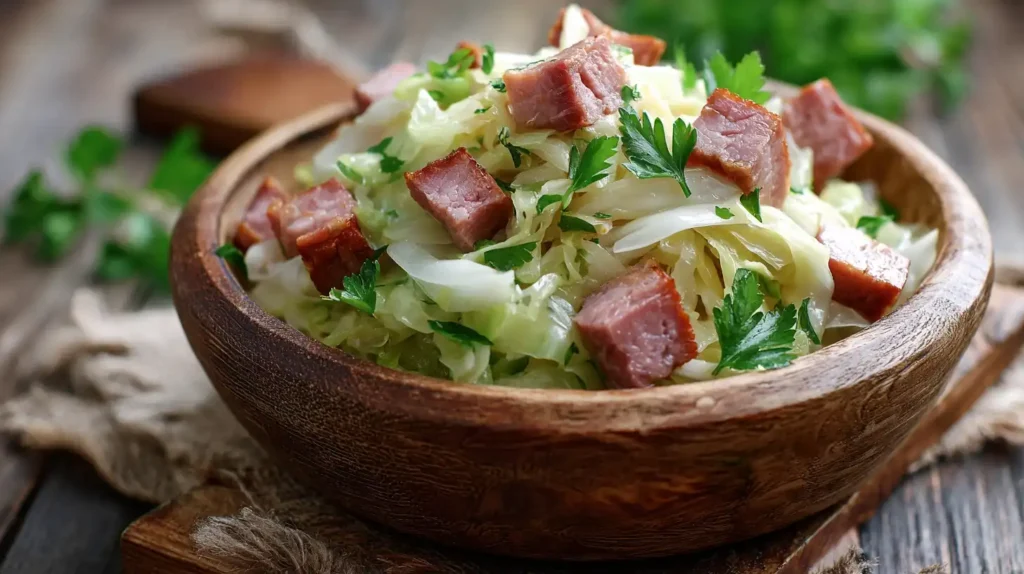 Servierter Bayerischer Krautsalat mit Speck, Kümmel und Senf-Dressing, perfekt als Oktoberfest-Beilage