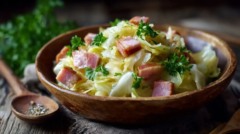 Bayerischer Krautsalat mit knusprigem Speck und frischer Petersilie in rustikaler Schale