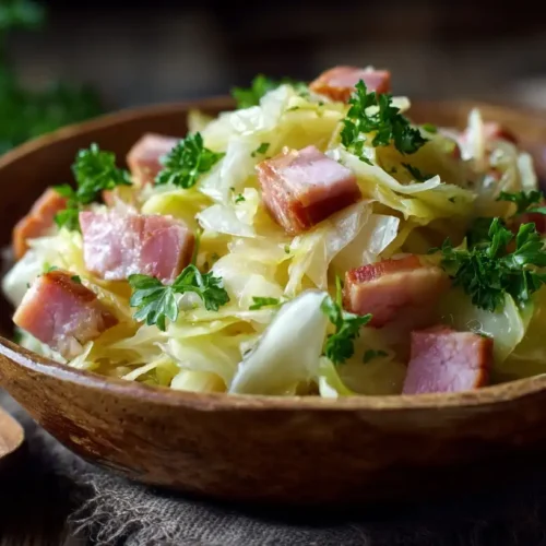 Bayerischer Krautsalat mit knusprigem Speck und frischer Petersilie in rustikaler Schale