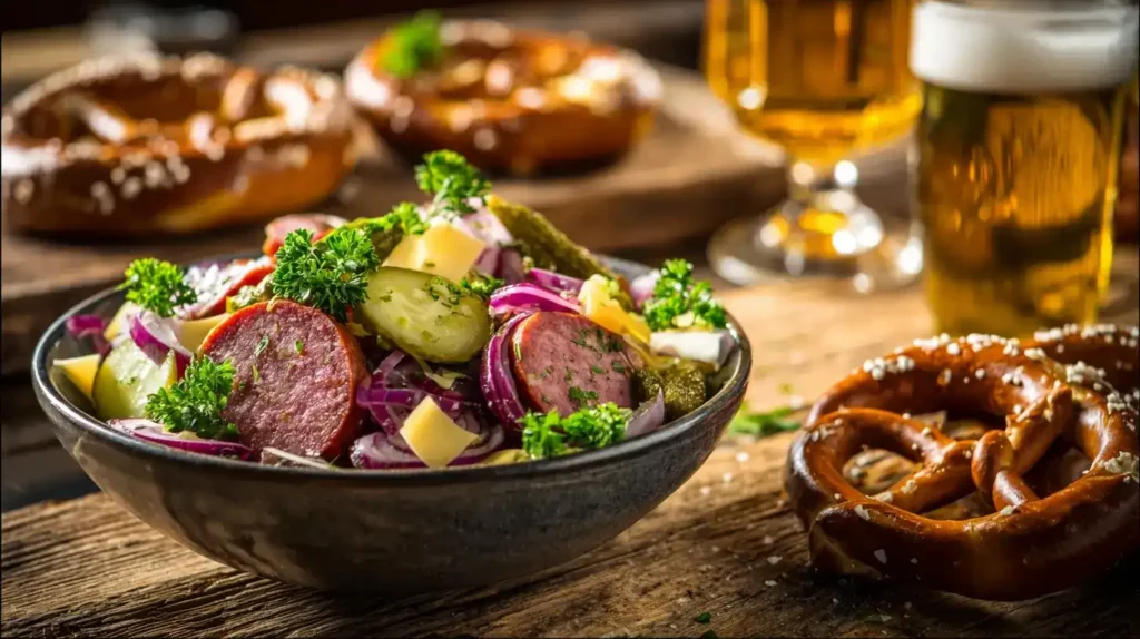 Traditioneller bayerischer Wurstsalat mit Bauernbrot und Petersilie auf Holztisch