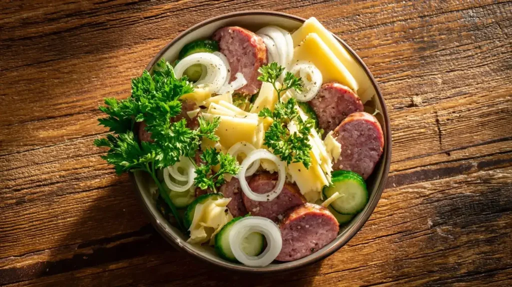 Bayerischer Wurstsalat mit Lyoner, Käse, Zwiebeln und Gurken in einer Schüssel serviert