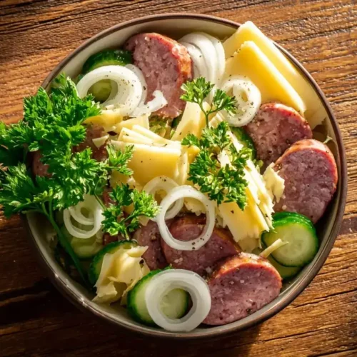 Bayerischer Wurstsalat mit Lyoner, Käse, Zwiebeln und Gurken in einer Schüssel serviert