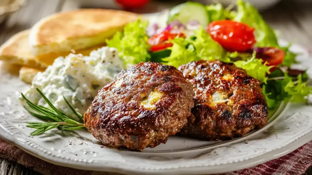 Bifteki aus dem Airfryer mit geschmolzenem Feta serviert auf Teller